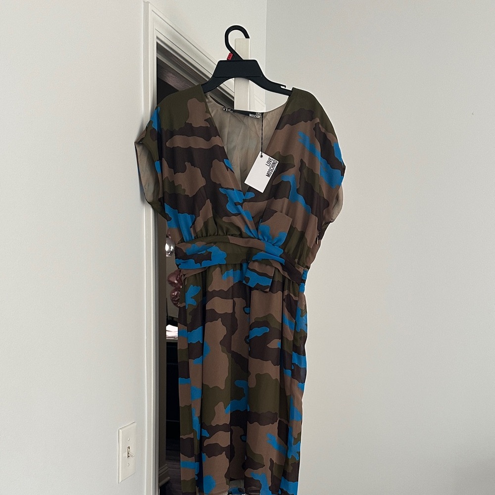 Moschino Camouflage Midi Dress in Blue and Brown